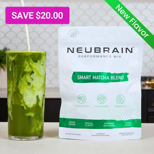 Neubrain Smart Matcha pouch, ceremonial-grade organic matcha with functional mushrooms