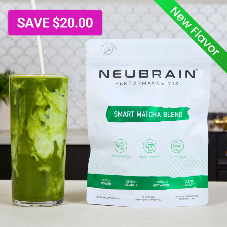 Neubrain Smart Matcha pouch, ceremonial-grade organic matcha with functional mushrooms